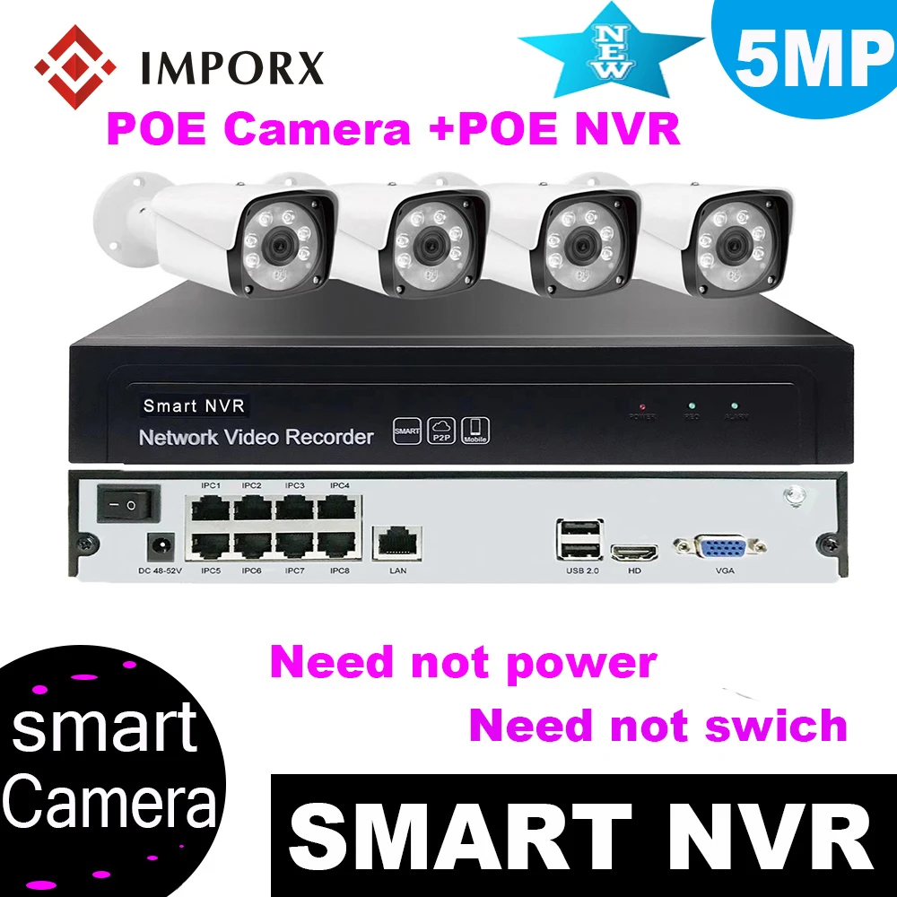 

IMPORX 4PCS Super HD 5MP Wireless Security Cameras for Home 8CH POE NVR Kit H.265 Waterproof Video Surveillance System CCTV Cam
