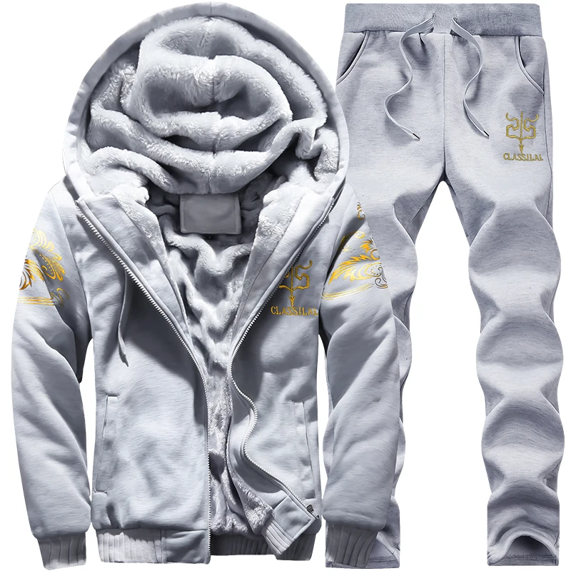 Casual Tracksuit Mens set Winter Brand Two Piece Sets All Cotton Inner Fleece Thick Hooded 2PC Jacket + Pants Sporting Suit Male