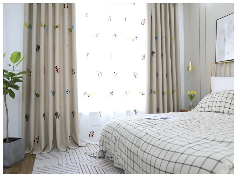 Затемненные шторы с вышивкой в виде мультяшного кота для гостиной, детские шторы для спальни, оконные шторы для детской комнаты, Индивидуальный размер