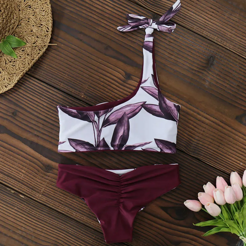 Women New One Shoulder Leaves Print Bikini Sexy Low Waisted Swimwear Swimsuit Summer Beach Bikini 2018 Biquini Maillot de bain