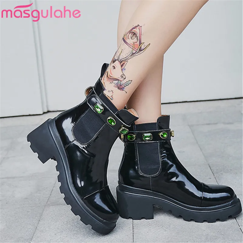 

Masgulahe 2019 new arrival women ankle boots patent leather square heels platform boots crystal fashion punk shoes woman