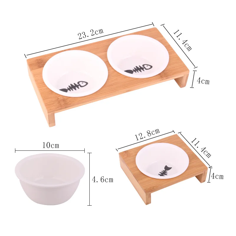 Pet Bowl Ceramic Bowl Cat Bowl Pet Food Bowl Drinking Water Bowl Anti-Skid Wooden Frame Round Ceramic Single Bowl Double Bowl