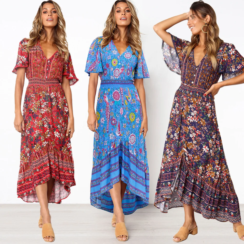 

Contrast Color Printed Trumpet Sleeve Shell Buckle Beach Dress Bohemian Floral Short Front Long 2019 Casual Women Dress SN3510