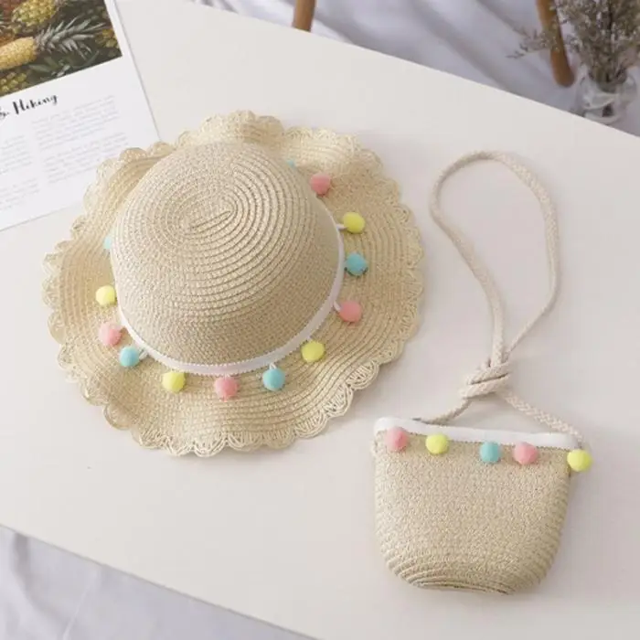 Lovely Hat Bag Set Wavy Straw Hats Colored Balls Cap Single Shoulder Bag for 2-8 years old girls Spring Summer Beach ZJ55