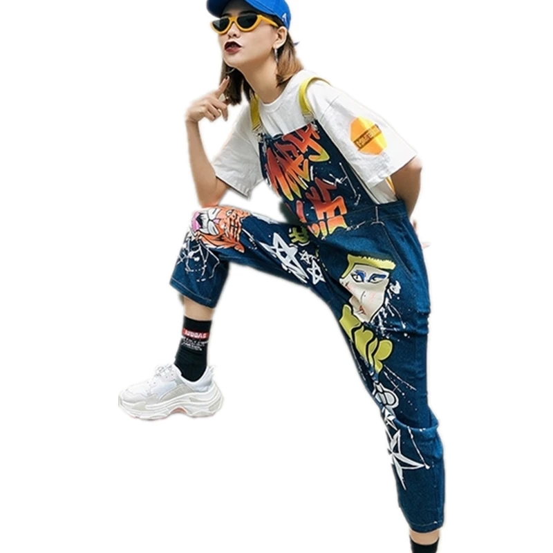 

High Street Women 2018 Leisure Loose Denim Jumpsuits Overalls Straight Pants Strap Graffit Print Denim PartyPlaysuits YH017