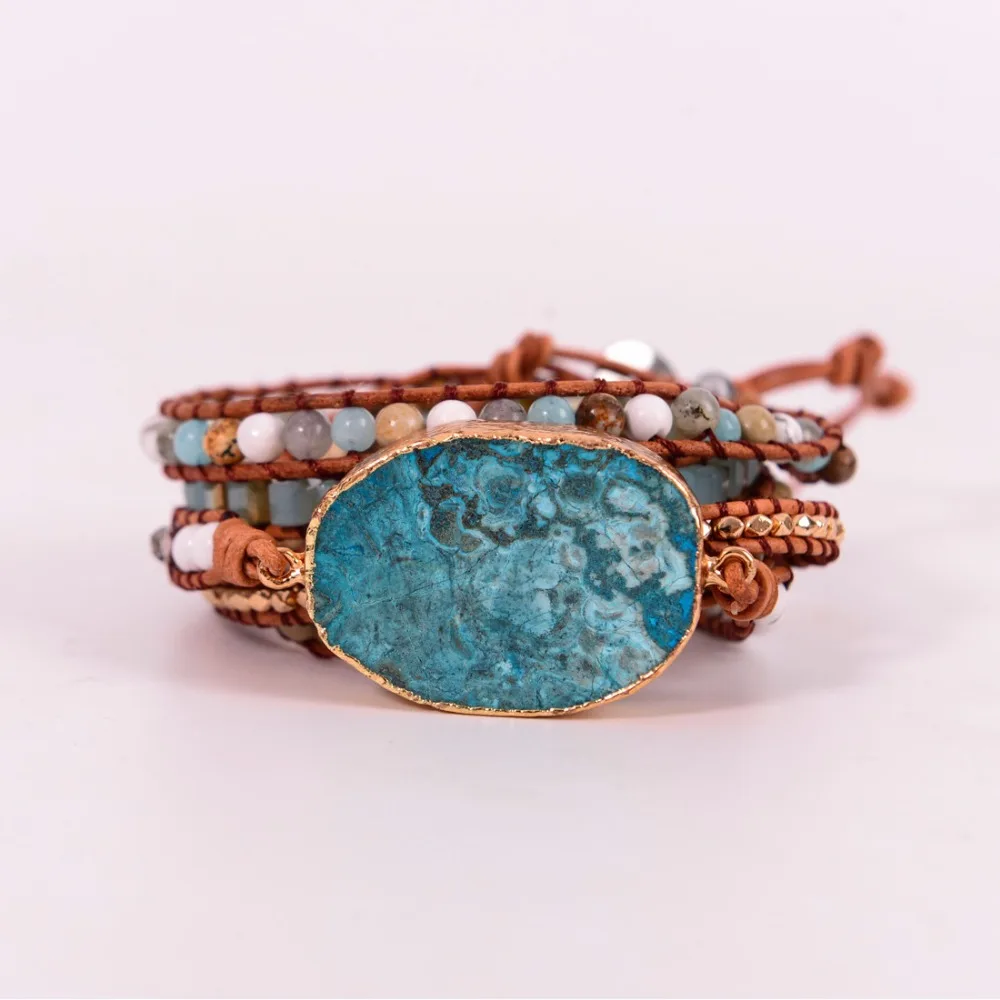 Latest 2018 – 5X Leather Wrap Beaded Bracelet Huge OceanStone Bracelet, Boho Chic Jewelry, Bohemian Bracelet Valentine’s Gift