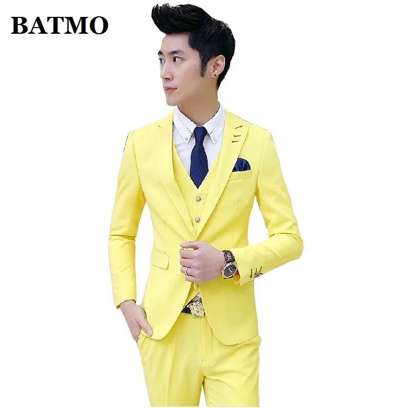 

BATMO 2019 new arrival high quality Korea style slim yellow suits men,men's wedding dress plus-size M-XXL TZ48