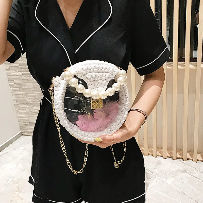

Summer of 2019 Hot French Minority Woven Transparent Women's Single Shoulder bags Pearl Hand Chain Small bags
