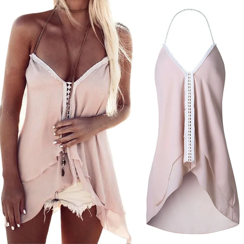 

Summer Women Hanging Neck Sleeveless Chiffon Blouse Sexy V-neck Lace Stitching Women Blouse And Tops blusas mujer de moda 2019