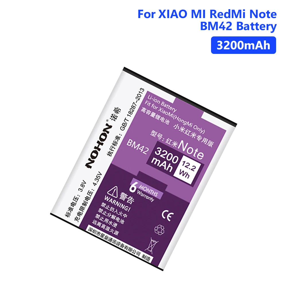 

NOHON BM42 Real 3200mAh High Capacity Battery For Xiaomi Mi Redmi Note Rechargeable Lithium Polymer Phone Bateria Batteries