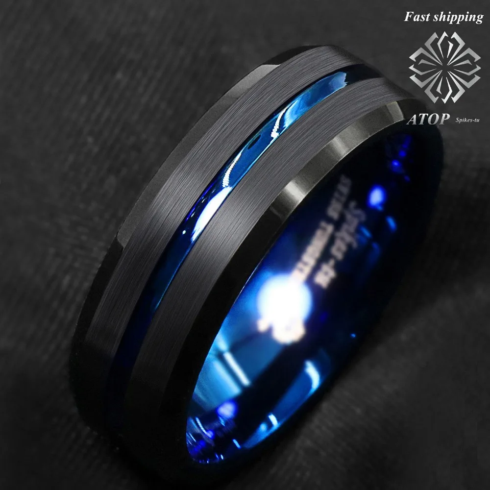 8mm Tungsten Men's Ring Thin Blue Line-Inside Black Brushed Band ATOP Jewelry