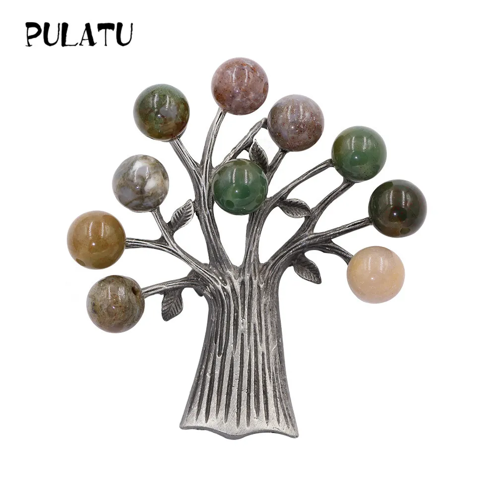 

PULATU 3 Color Natural Stone Brooches Pins Vintage Silver Color Metal Mosaic Round Beads Handmade Fine Brooches Jewelry