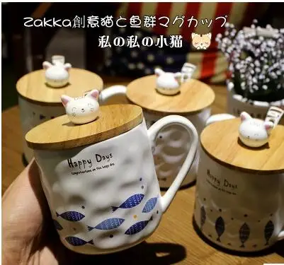 Кошка и рыба для кружка для молока на завтрак с крышкой стеклянная керамическая ложка для воды мультфильм