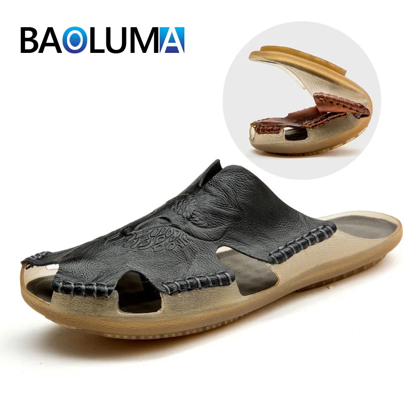 

Fashion Men Sandals Genuine Leather Men Soft Sandals Summer outdoor Breathable Beach Shoes Flip Flops Male Casual Slippers Big
