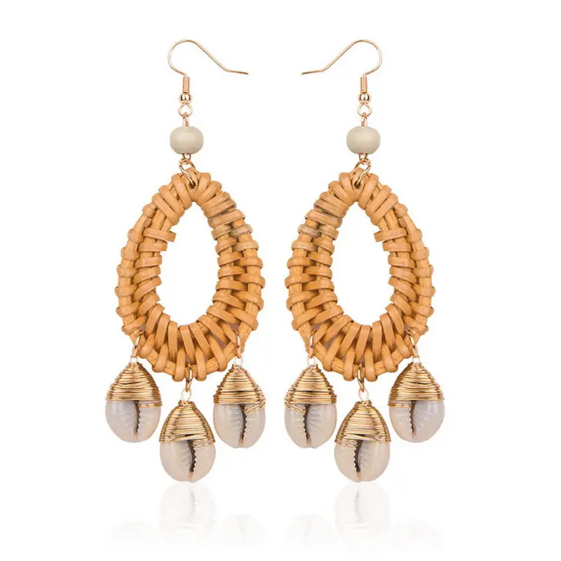 

ZWPON Wood Bead Rattan Weave Teardrop Shell Cowry Dangle Earrings 2019 Trendy Boho Earrings for Women Beach Beach Dress Jewelry