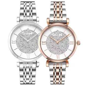 

New Women Paved Rhinestone Roman Numerals Round Dial Alloy Band Analog Quartz Watch