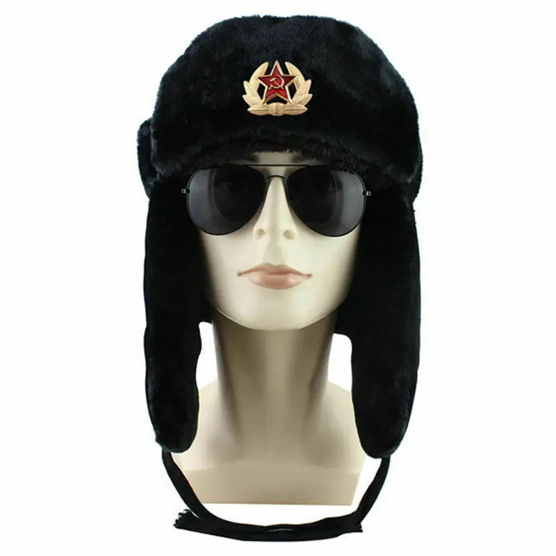 

Soviet Army Military Badge Hats For Men Russia Ushanka Bomber Hats Pilot Trapper Aviator Cap Winter Faux Rabbit Fur Snow Cap Men