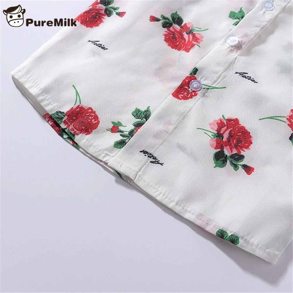 PureMilk/детская одежда рубашки с цветочным принтом и бантом+ красные шорты Повседневная одежда для мальчиков 2 шт./компл