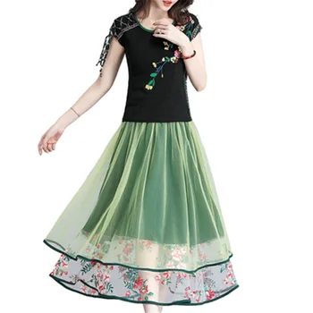 

Plus Size 5XL Elegant Two Piece Set Women 2019 New Embroidery Indie Folk Print Conjunto Feminino New Vintage Loose Ethnic Summer