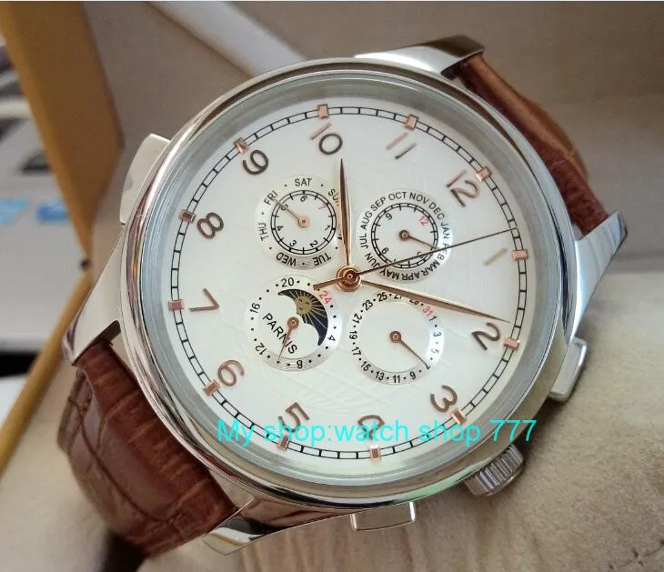 

44mm PARNIS White dial Moon Phase Automatic Self-Wind Mechanical movement men watches Mechanical watches wholesale
