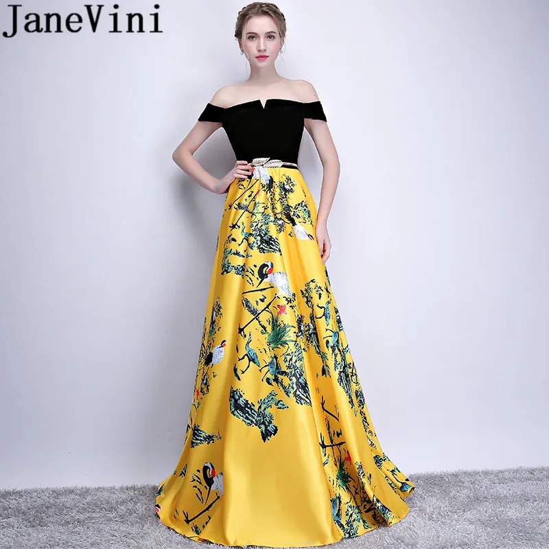 JaneVini Chinese Style Yellow Evening Dresses Long Floral Satin Formal Party Gowns Gold Sash Off Shoulder Pocket Dress Jurk Lang