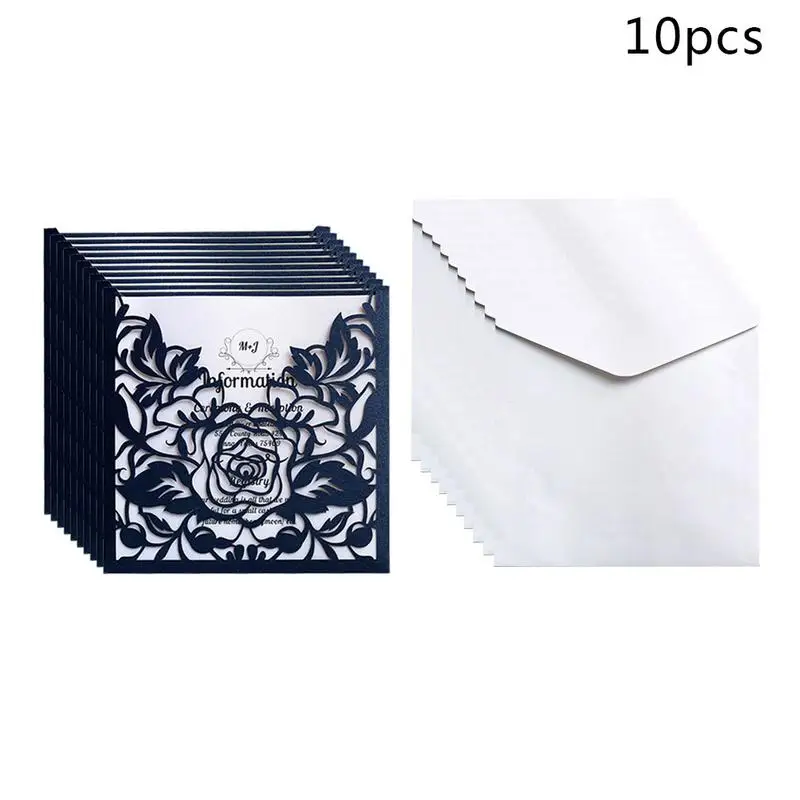 

10pcs/lot Lace Pocket Wedding Invitations Cards Square Laser Cut Rose Flower Greeting Card Invitations Card Event Party Supplies