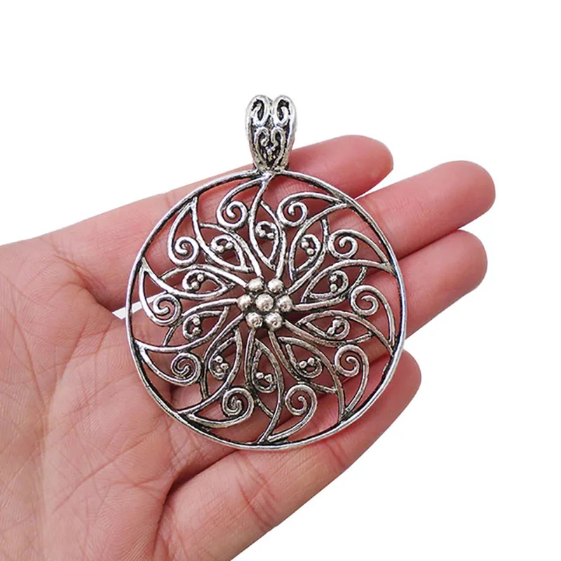 

3 x Antique Silver Metal Large Round Hollow Filigree Flower Charms Pendants for Necklace Jewelry Making Findings 70x55mm