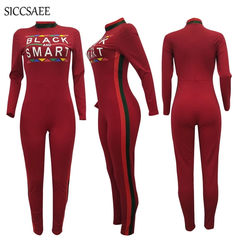 Letter Offset Print Rompers Womens Jumpsuit Long Pants Back Zip Striped Side Turtleneck Fall 2018 Bodycon Bodysuit Sexy One Pcs