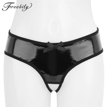 Женские черные трусики из искусственной кожи и латекса с открытой промежностью, сексуальное нижнее белье, сексуальное нижнее белье с эффектом мокрой кожи