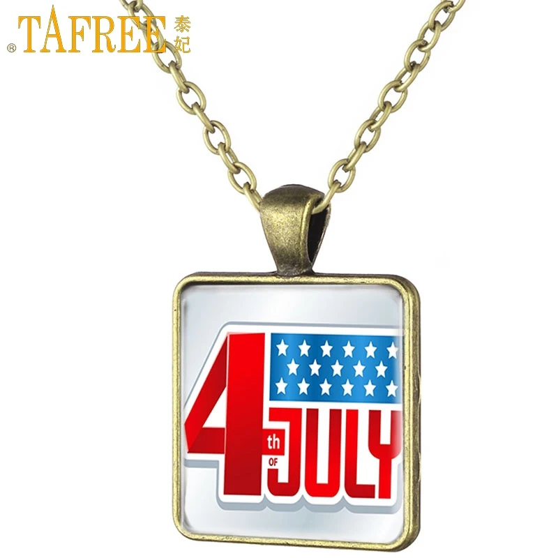 

TAFREE 4th July Independence Day Personality Square Necklace Antique Bronze Plated Fashion Women Exquisite Jewelry FQ774