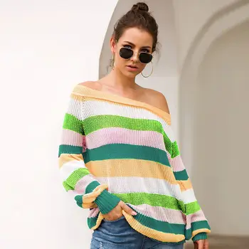 

Fashion Women New Sexy Sweater Slash Neck Rainbow Striped Knitted Pullover Casual Loose Female Sweaters Autumn