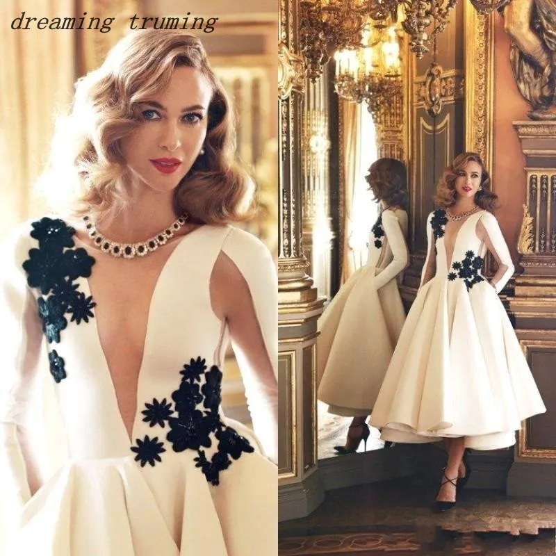 

White Tea Length Cocktail Dresses Ball Gowns Appliques Stain Sexy Neckline Long Sleeve Party Prom Gowns