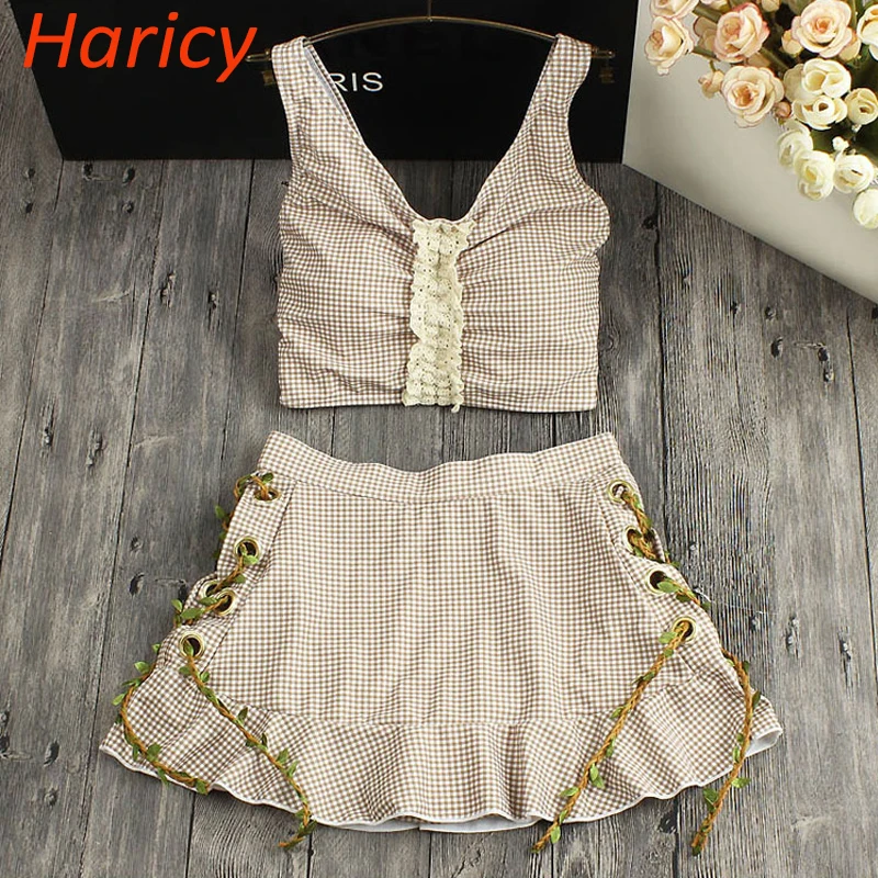 

2018 New High Waist Bandage Bikini Swimwear Women Dress Push Up Biquini Bathing Suit Plaid Brazilian Bikini Summer Beachwear