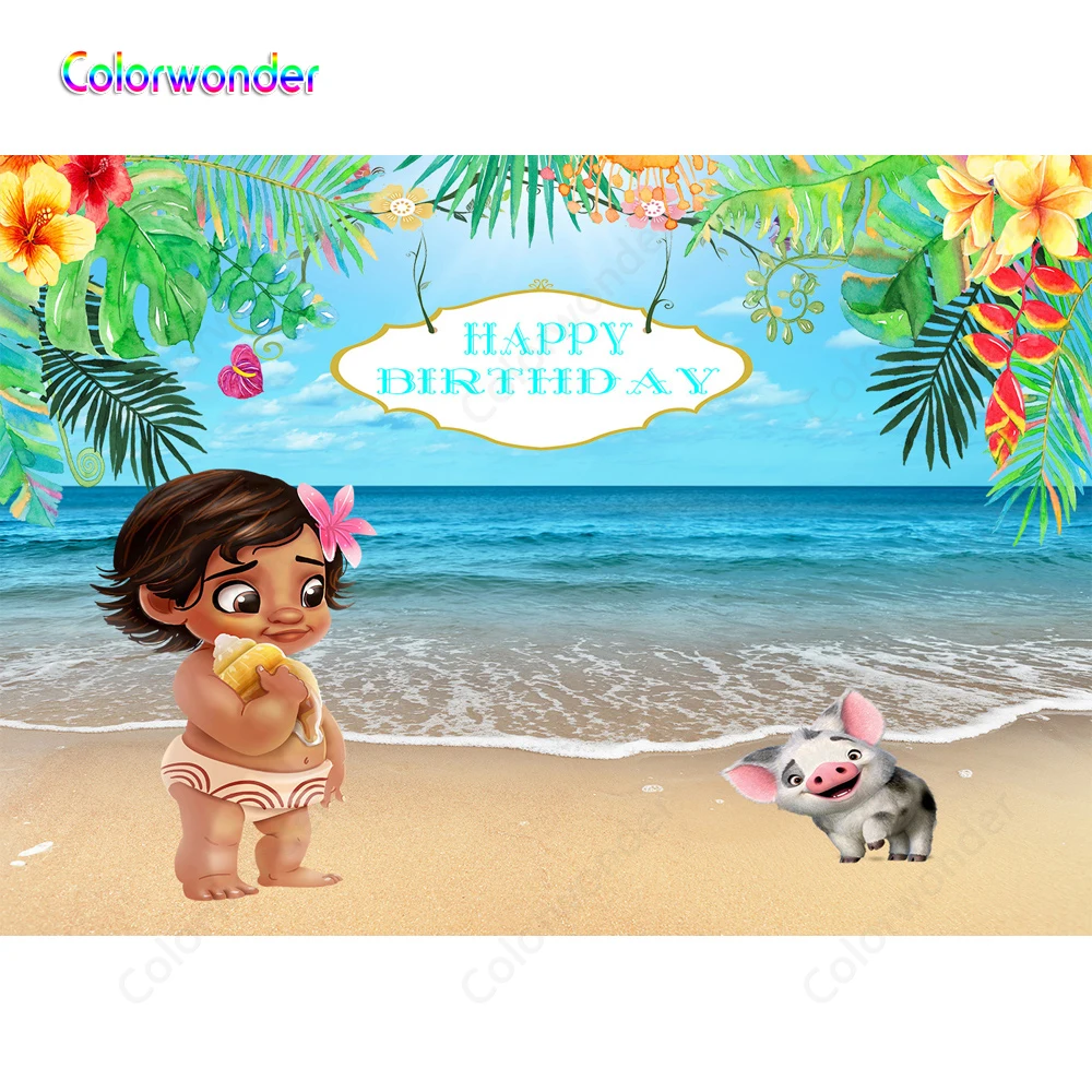 Colorwonder Happy Birthday Backdrops Little Princess Moana With Pig On The Beach Tropical Leaves Background Photography For Baby Background Aliexpress