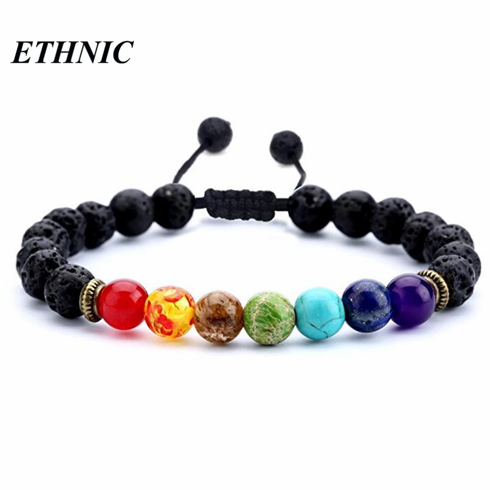 

Classic Chakra 8mm Lava Stone Beads 7 Color Chain Bracelets for Women Men Elastic Rope Yoga Fashion A Bracelet Friendship