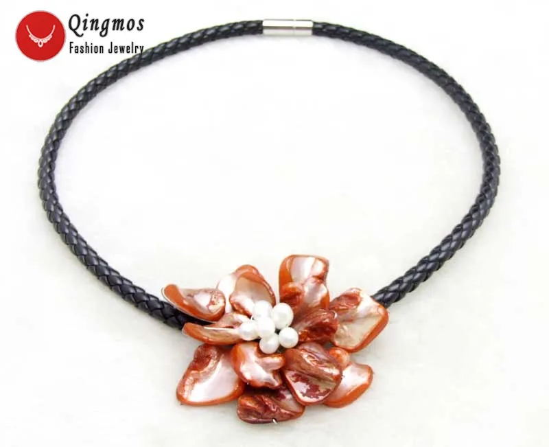 

Qingmos Trendy Shell Flowerv Pendant Necklace for Women with 70mm Red Shell Pearl Necklace Fine Jewelry Chokers 18'' Nec6316