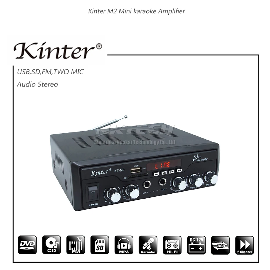 Усилитель мощности Kinter KT-M2 цифровой аудио видео плеер 2x25 Вт Hi-Fi стерео 2x микрофон бас USB SD MP3 FM DC12V 220-240 в караоке MP4