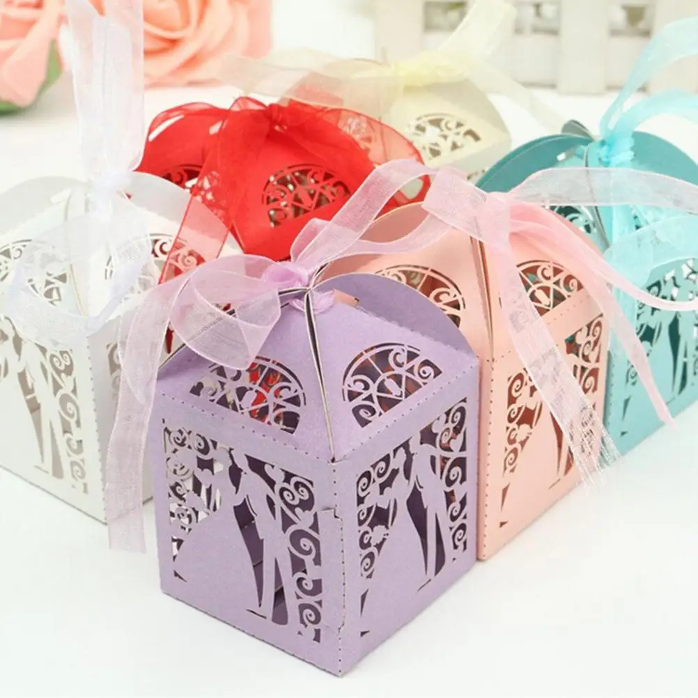 10pcs Paper Candy Boxes Hollow Butterfly Bride And Groom Cross Heart Laser Cut  Iridescent Wedding Favour With Ribbon Hot
