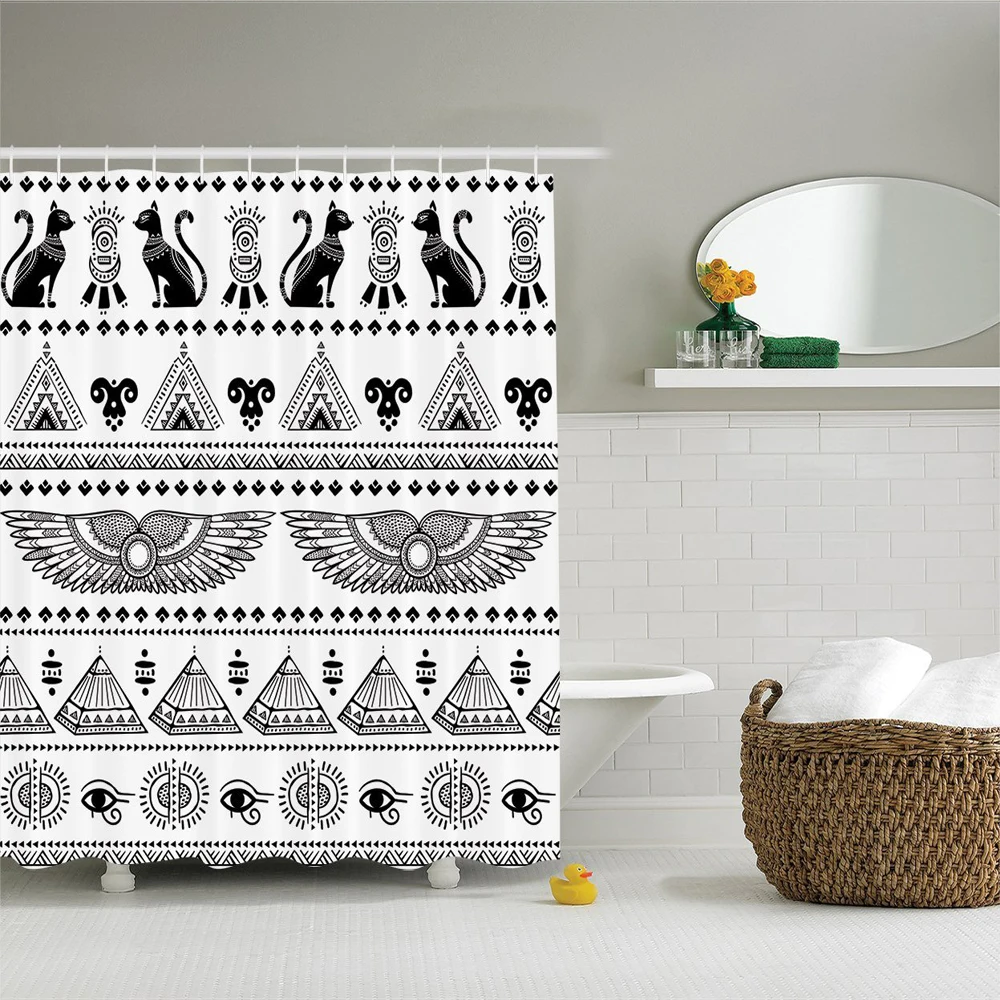 

Tribal Ethnic Art Pattern with Egypt Symbols Historical Architecture Image, Polyester Fabric Bathroom Shower Curtain