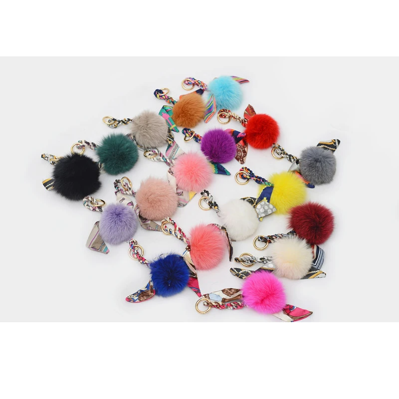 

Cute Pom Pom Ball Keychain Genuine Fox Fur 9cm Pompon Key Chain Silk Ribbon Bow for Women Bag Pendent Handbag Accessories