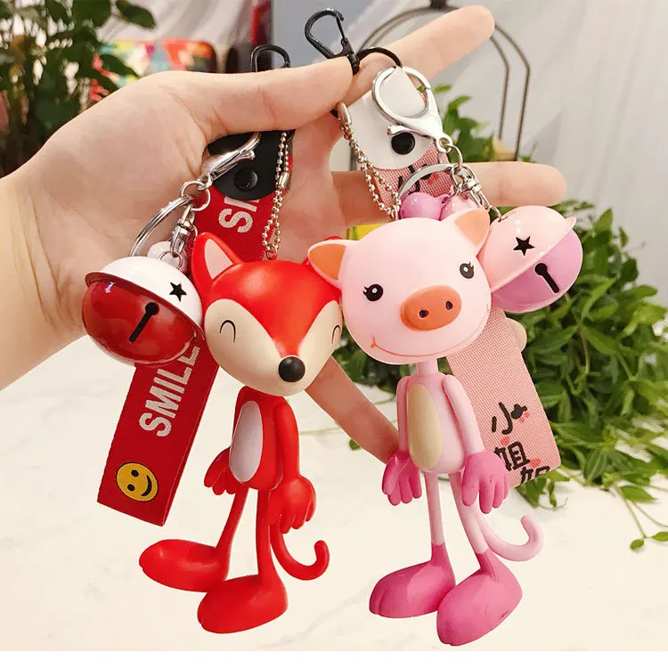 

Cartoon Cute Doll Animal Frog Fox Pig Dog Monkey Keychain Key Rings Bells Key Chains Women Car Bag Pendant Trinkets Porte Clef