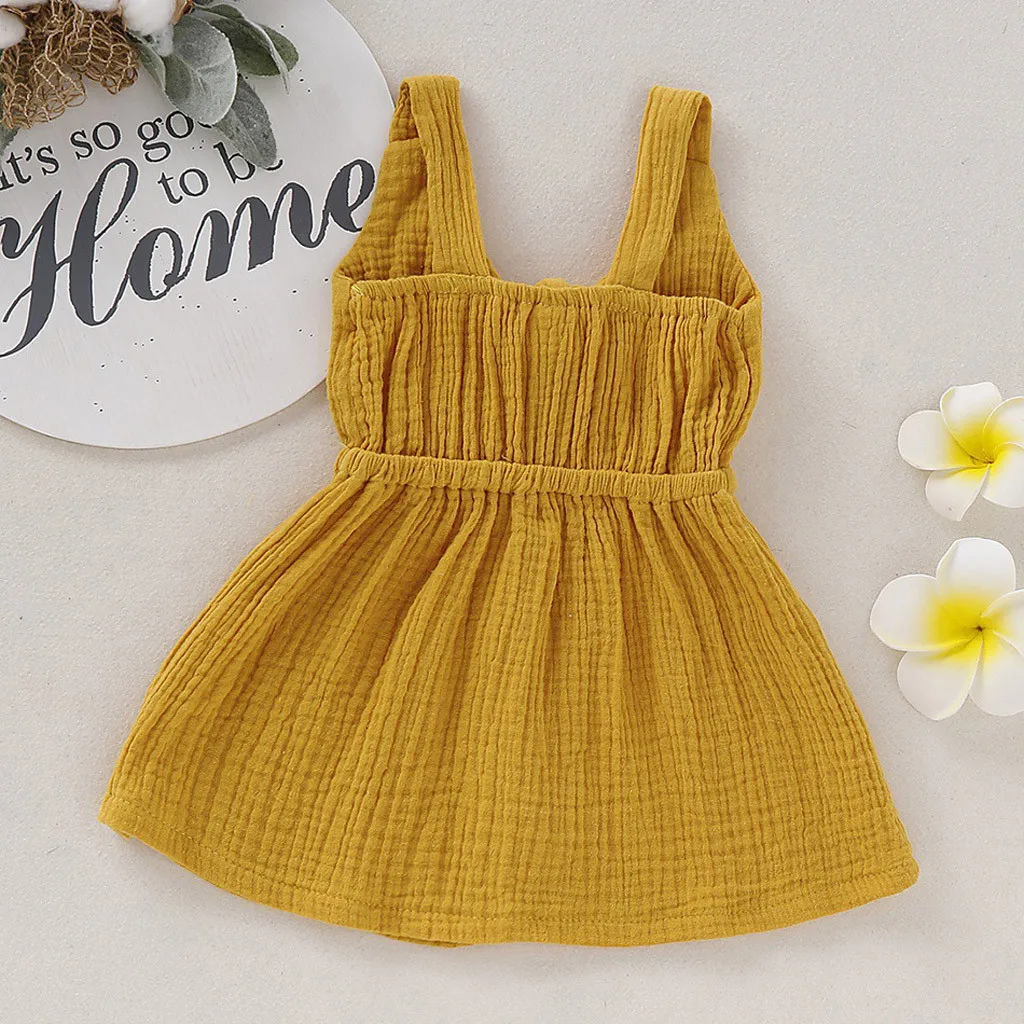 Summer New Fashion Toddler Kid Baby Girl Solid Sleeveless Straps Bow Button Princess Dress Clothes Wholesale Free Ship Z4
