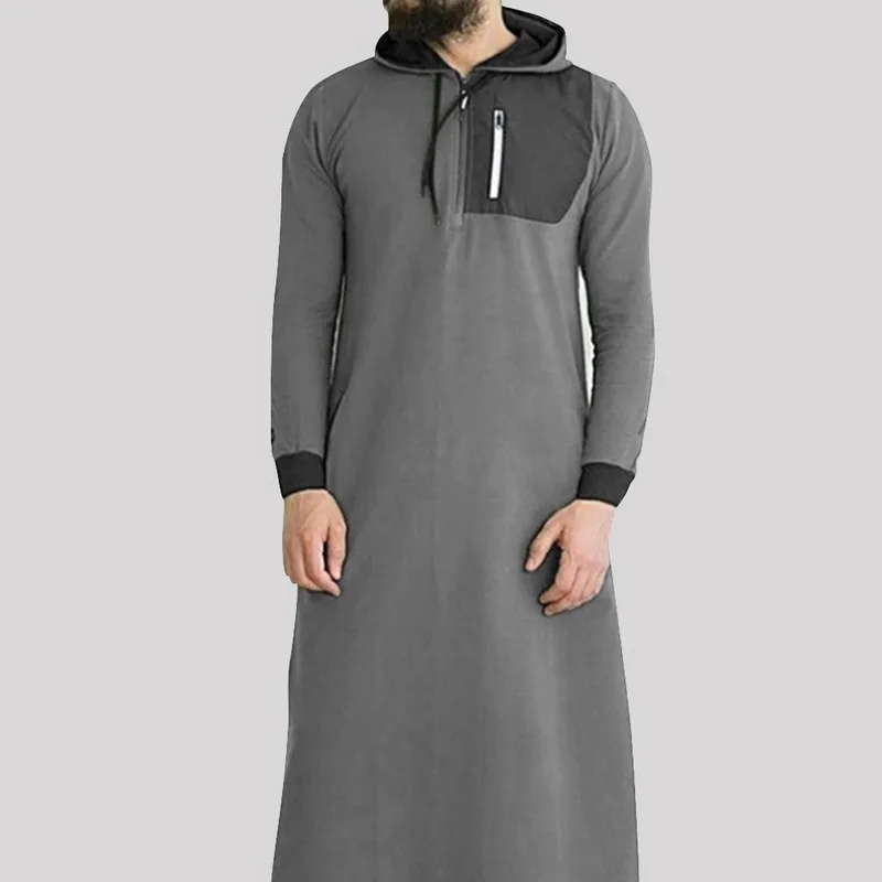 

MJARTORIA 2019 Casual Muslim Arabian Casual Zipper Breast Pocket Full Length Long Sleeve Hooded Outfit Shirt Hoodie for Men