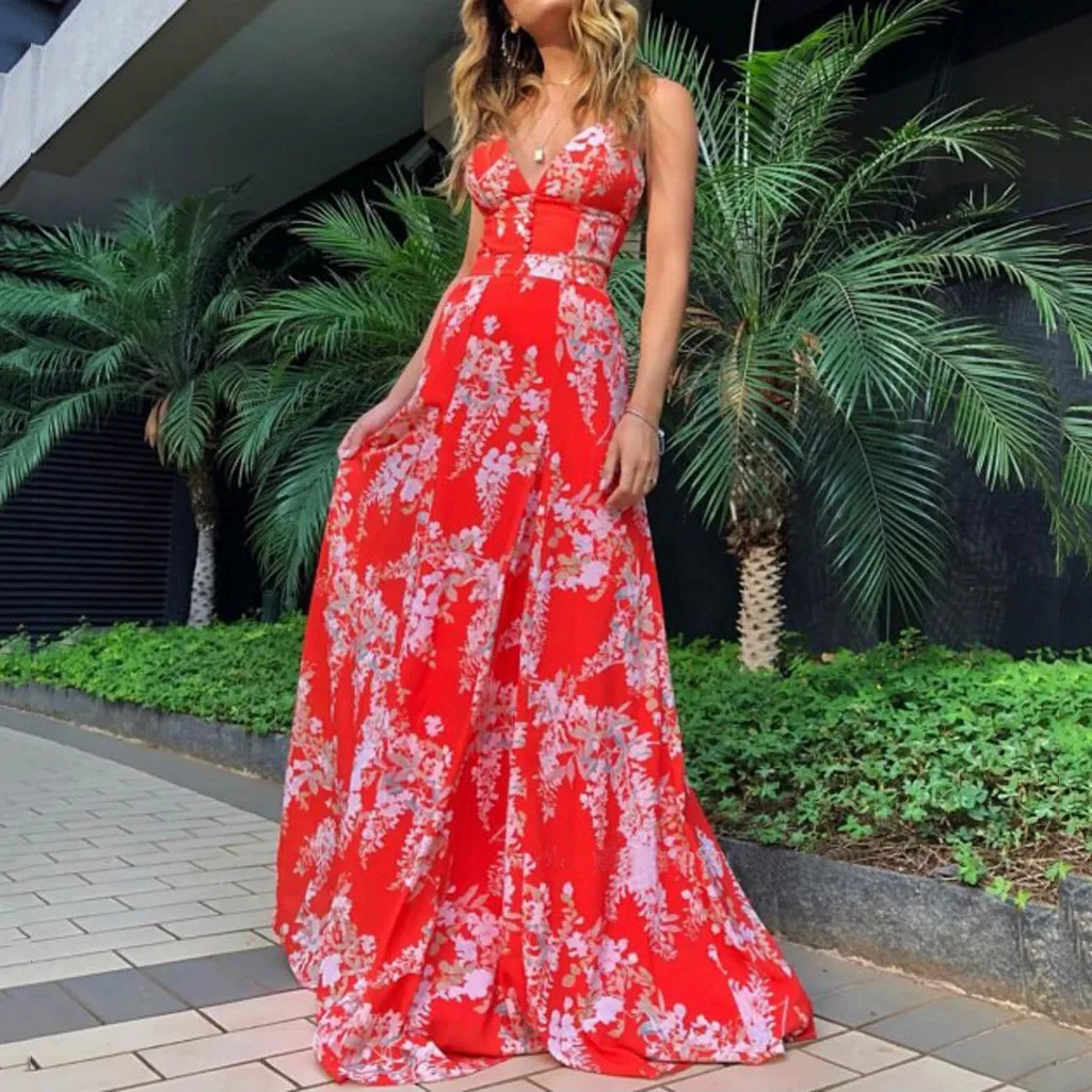 

2019 New Stylish Robe Women Sexy Deep V-Neck With Red Floral Printed Suspender Dress Beach Dresses Robe de mode pour dames