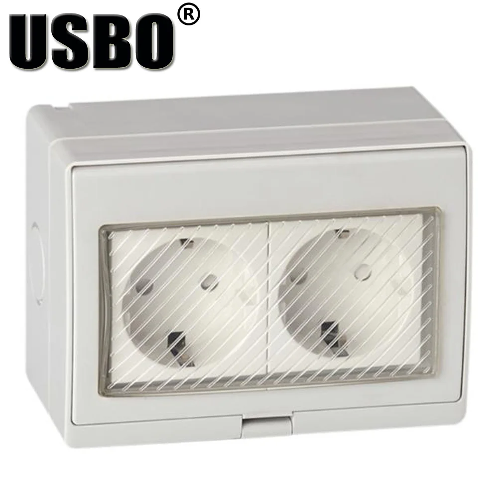 

Anti - UV European 16A 250V IP55 EU outdoor power socket white German two-bit waterproof socket Germany cable outlet with cover