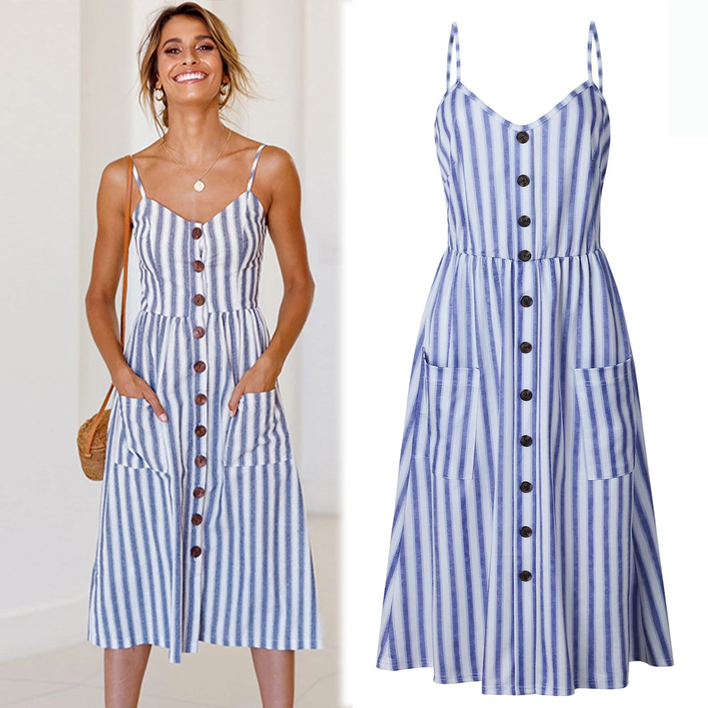 

Sexy Off-shoulder Party Beach Sundress Spaghetti Midi Dresses Plus Size 2019 Summer Women Strap Dress Button Print Striped Robe