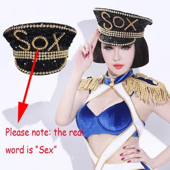 

New style woman Uniform police caps fashion sequins hat stage performance Big Cover Military Hats