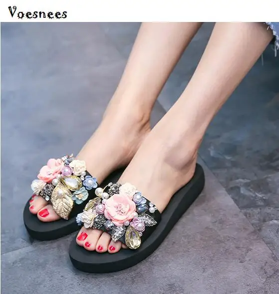 

2018 Summer Bohemia Women Shoes Flowers Pearl Ladies Beach Slippers Platform Women Sandals Casual Flat Shoe Slip On Female Shoes