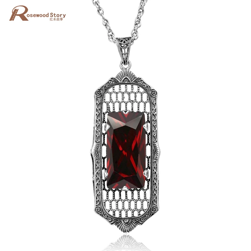 

925 Sterling Silver Austrian Crystal Wedding Jewelry For Women Luxury Brand Red CZ Crystal Statement Zirconia Pendant Necklace