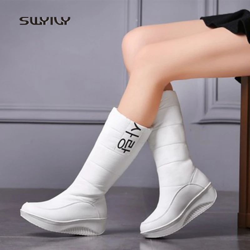 SWYIVY Women Toning Shoes Winter Velvet Warm Snow Boots Non-slip Solid Color Height Increasing Female Swing Shoes